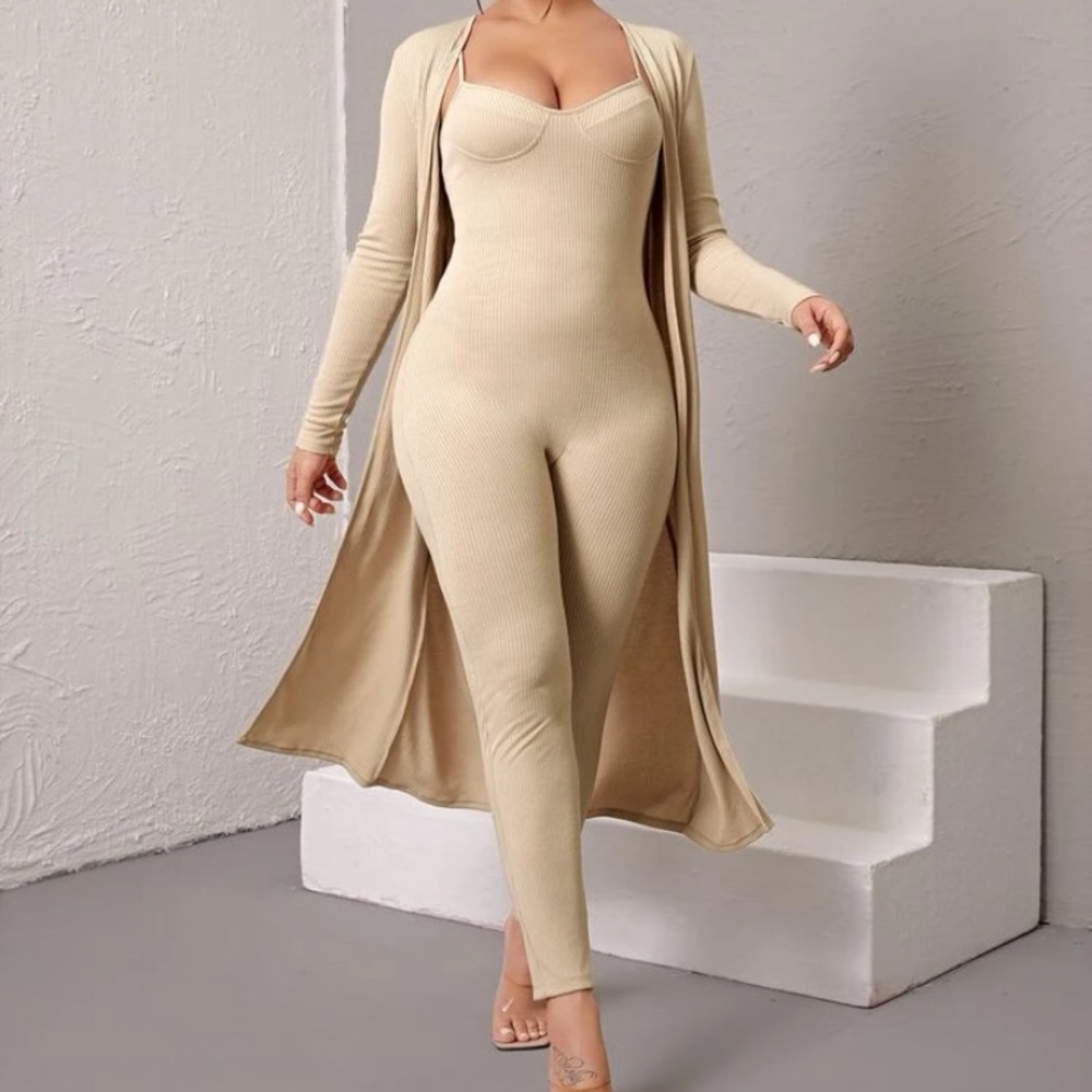 Rib Knit Bustier Jumpsuit with Cardigan